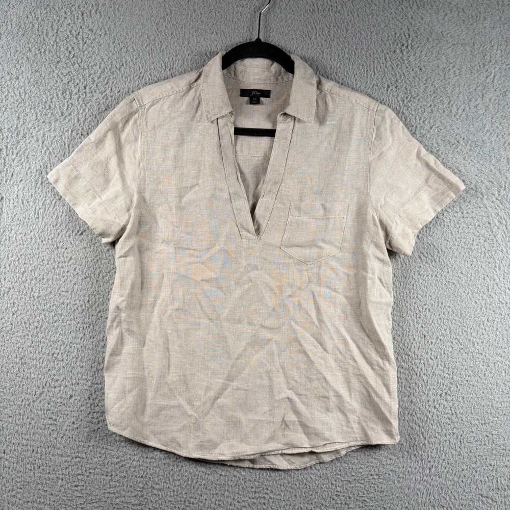 J.Crew Womens XS Linen Short Sleeve V-Neck Pocket Top Beige Oatmeal Summer Shirt